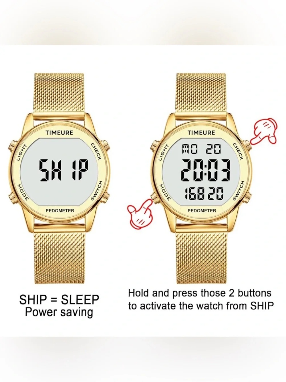TIMEURE Digital Pedometer Watch Gold Mesh Band. Waterproof Step Counter Fitness